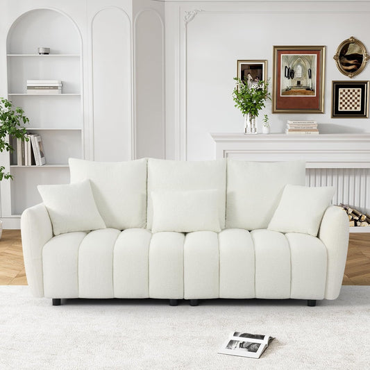 Boucle Sofa Cloud Couch, 80.2" Modern Comfy Teddy Sofa Deep Seat Futon Couch with Pillows, Soft Upholstered 3 Seater Sofa Oversized Loveseat Sofas for Living Room, Apartment, Beige-0